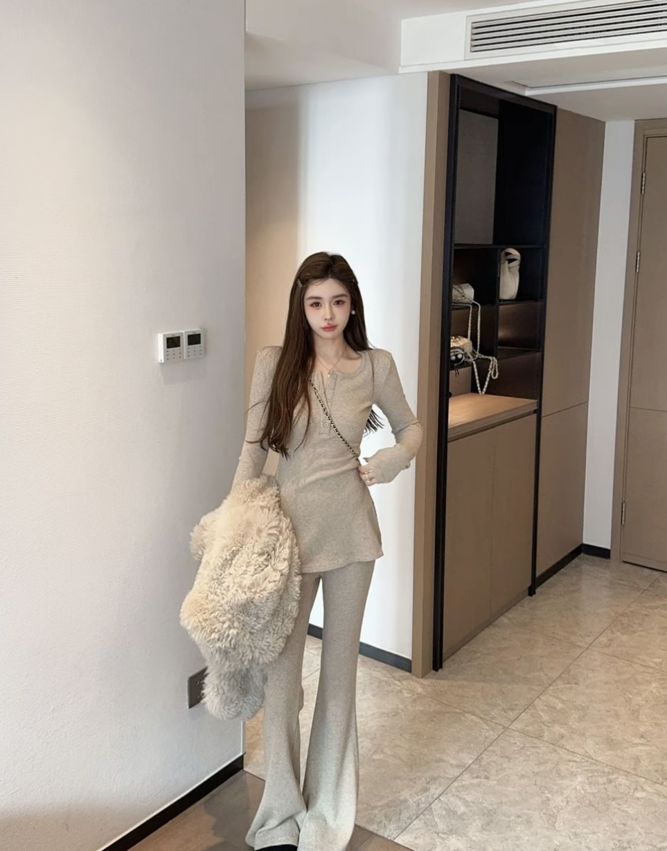 泡菜定制多色加绒套装女2025冬季新款韩版修身长袖上衣微喇休闲裤