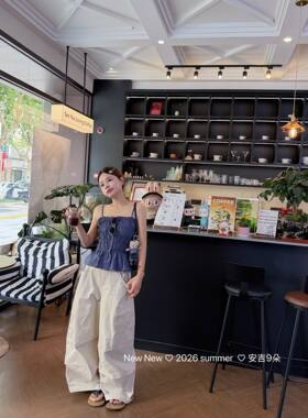 正品实拍2026夏季新款韩版百搭时尚褶皱设计感荷叶边格子吊带上衣