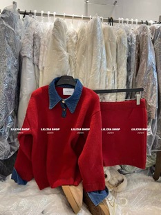 新款 套装 韩版 半身裙时尚 宽松拼接翻领宽松毛衣 泡菜订制2025冬季