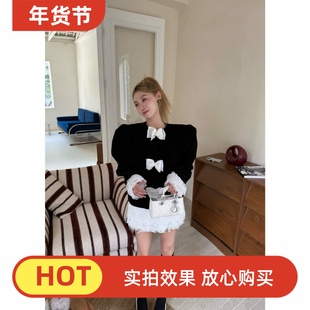 韩国东大门2025秋冬新款韩版百搭洋气蕾丝蝴蝶结拼色小香短外套潮