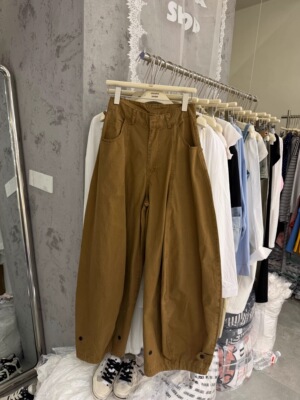 正品实拍夏季时尚松紧腰卡其色薄款阔腿牛仔裤女宽松休闲工装裤潮