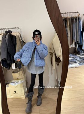 韩国东大门2025冬季新款韩版宽松休闲格子羽绒服女短款面包服外套