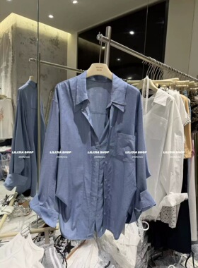 正品实拍2026新款韩版时尚百搭宽松显瘦设计感蓝色假两件翻领衬衫
