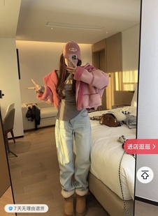 女2025冬季 牛仔裤 新款 韩版 WS原版 百搭显瘦水洗长裤 浅蓝色磨毛窄版