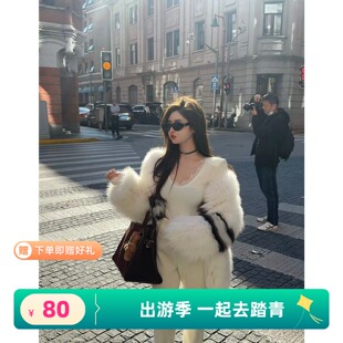 五折福利 双面编织加厚拼色真毛狐狸毛皮草女百搭气质外套