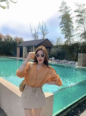 九月家【LP老钱】橘色苎麻防晒衬衫/米色腰带棉感半裙时尚套装潮