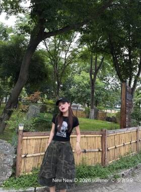 正品实拍2026夏季新款韩版时尚百搭显瘦迷彩工装牛仔中裤七分裤潮