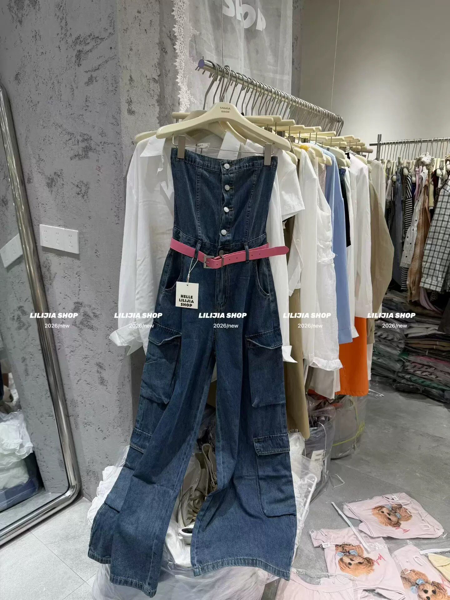 正品实拍2026夏韩版时尚百搭显瘦辣妹抹胸连体牛仔工装长裤配腰带