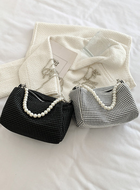 网红小包包洋气女包2026新款潮时尚彩钻斜挎包珍珠链条包