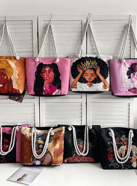 2025经典户外实用百搭复古帆布包卡通印花手提沙滩包大容量