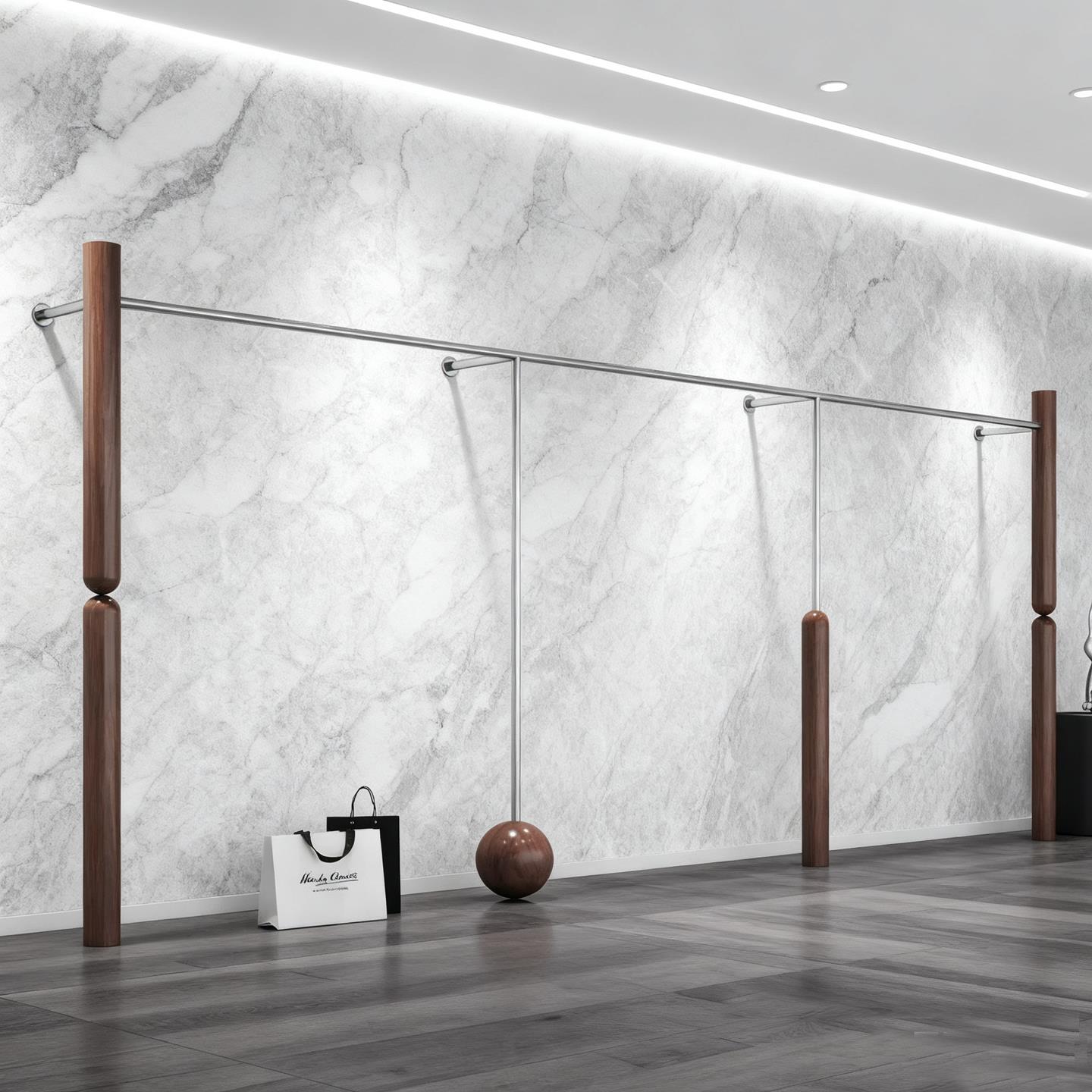 服装店上墙展示架落地式不锈钢胡桃木纹色陈列架女装店货架挂衣架