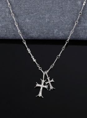 双十字架镶钻项链男百搭潮嘻哈简约个性设计锁骨链不掉色礼物
