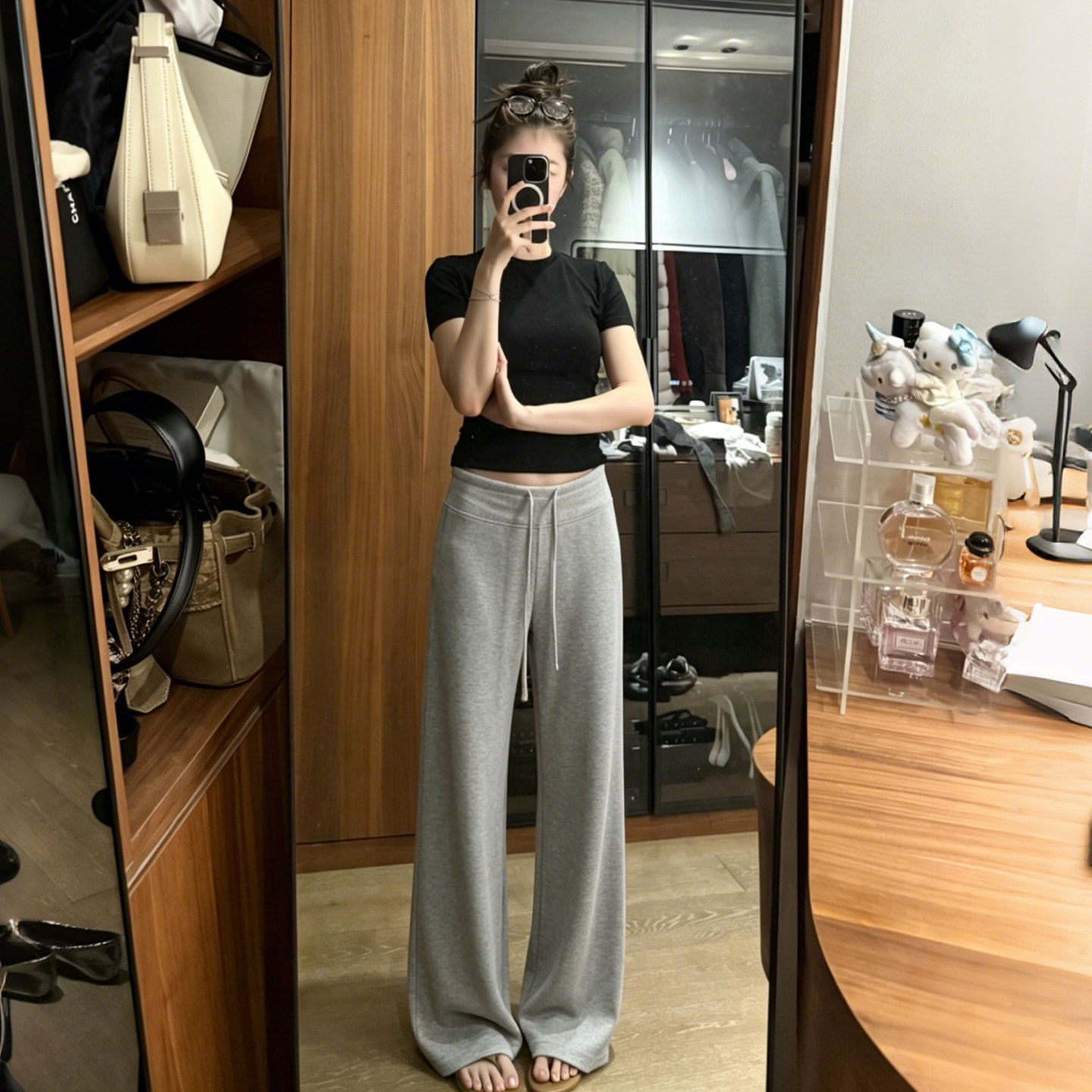 夏季灰色阔腿裤女薄款窄版莫代尔云朵裤垂感显瘦运动裤直筒空气裤