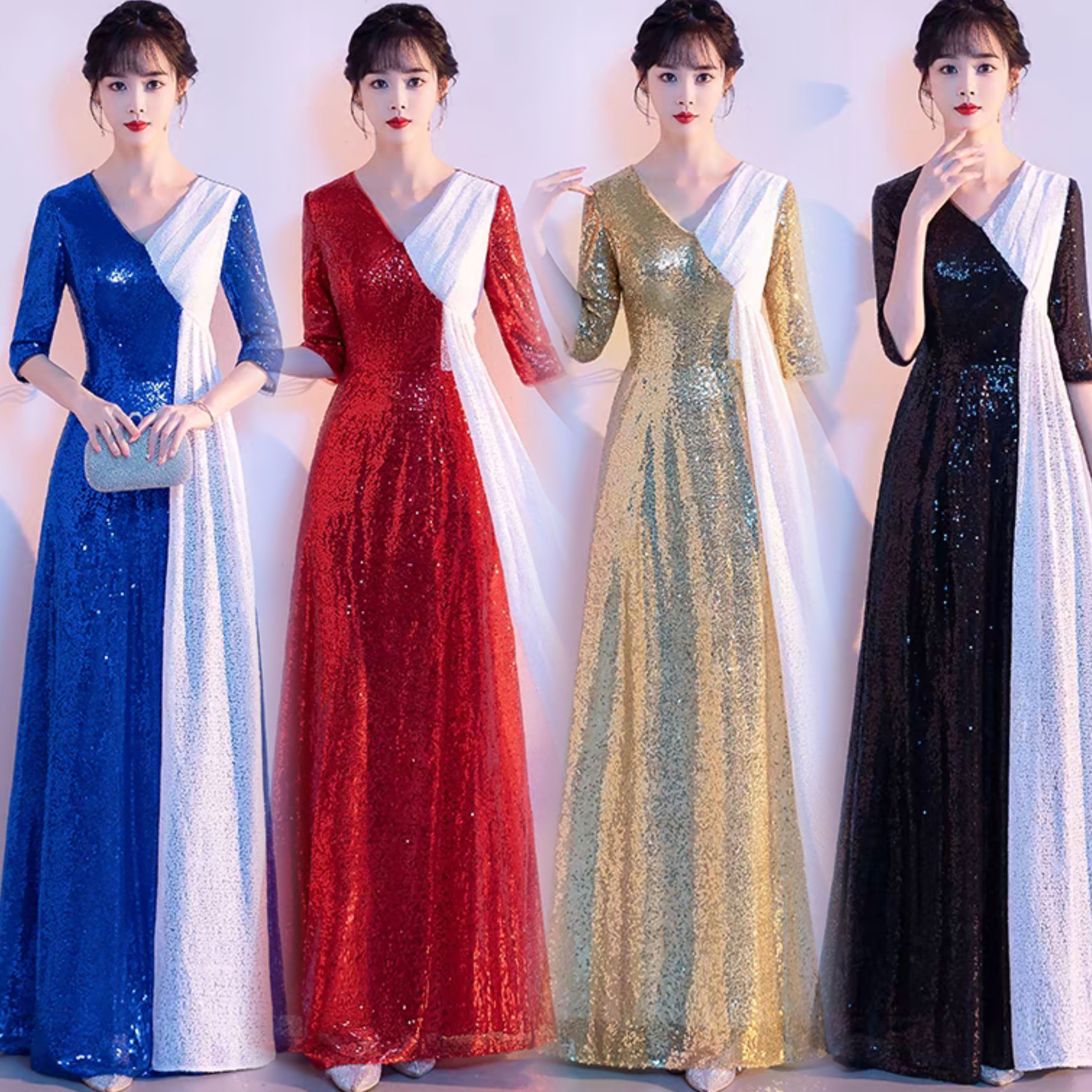 大合唱团演出服女优雅长裙2025新款指挥礼服红歌比赛服装主持人裙