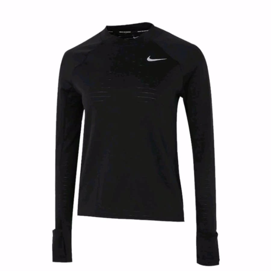 Nike 圆领长袖修身紧身 插肩袖跑步T恤 女款 黑色