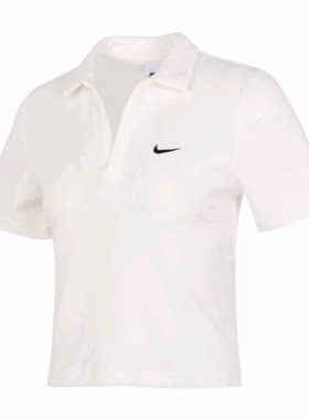 Nike  Sportswear 纯色翻领短款修身套头运动短袖 T恤 女款 白色