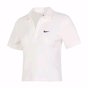 Nike  Sportswear 纯色翻领短款修身套头运动短袖 T恤 女款 白色