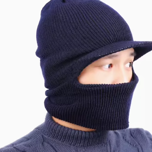 中老年人冬季带帽檐保暖有沿男女帽护脖套头帽护耳针织鸭舌毛线帽