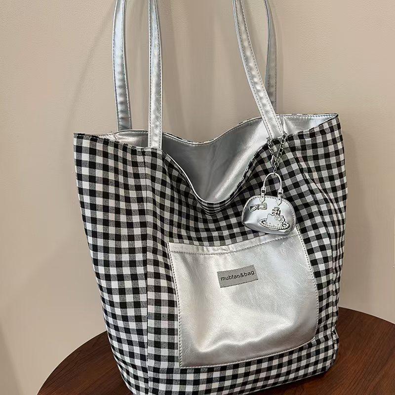 韩系高级感双面背银色托特包女2025新款黑白格子大容量通勤电脑包
