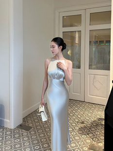 SX善喜高级感醋酸缎面无袖修身包臀连衣裙收腰显瘦开叉气质礼服裙