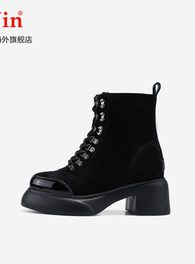 iiJin艾今25秋冬10.5cm超轻厚底内增高复古磨砂马丁短靴女593NFA