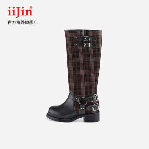 明星同款艾今8cm格纹加绒长靴女