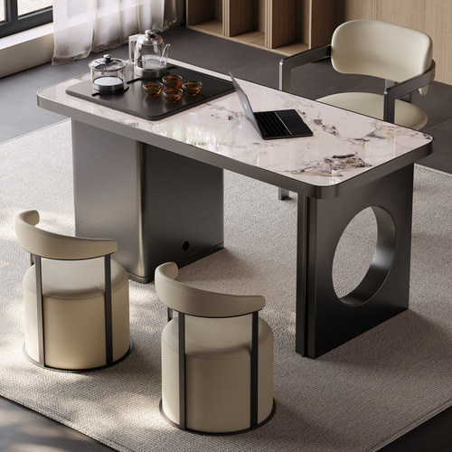 意式轻奢岩板茶台不锈钢茶桌