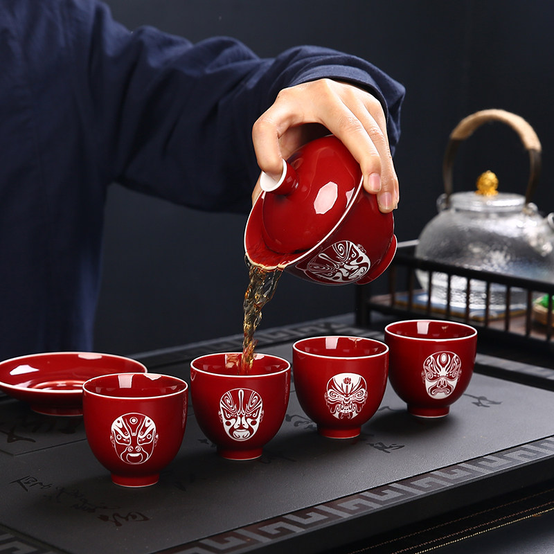 三才盖碗茶杯功夫茶具套装家用红色喜庆脸谱民俗文化一壶四杯小套