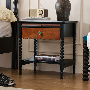 中古风白蜡木实木床头柜小户型卧室靠墙床边柜法式复古收纳储物柜