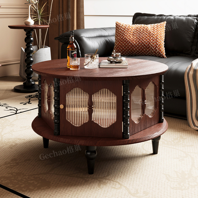 法式复古风白蜡木实木茶几客厅小户型家用中古风0.6米小圆几茶桌