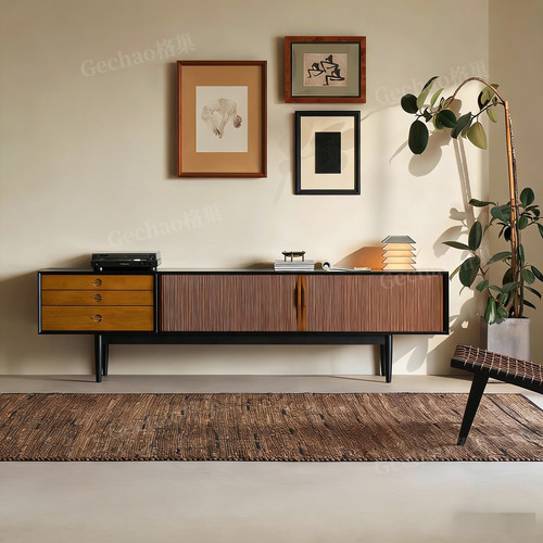 法式中古风黑色电视柜复古实木小户型家用储物柜斗柜高级感视听柜