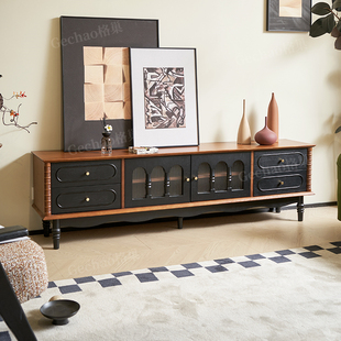 法式复古实木电视柜茶几组合客厅小户型家用中古风落地抽屉储物柜