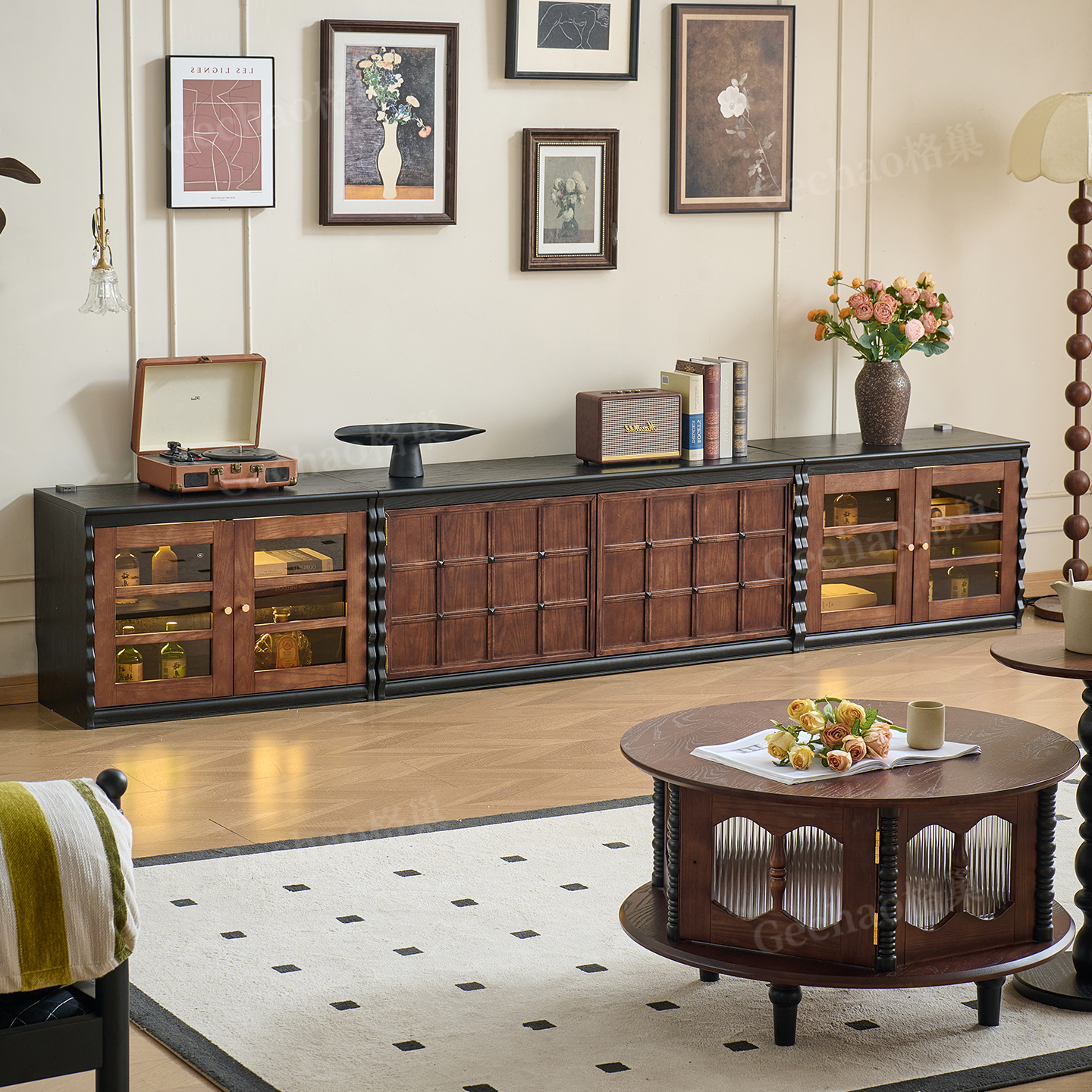 法式复古风全实木电视柜茶几组合客厅落地影视柜中古风储物收纳柜