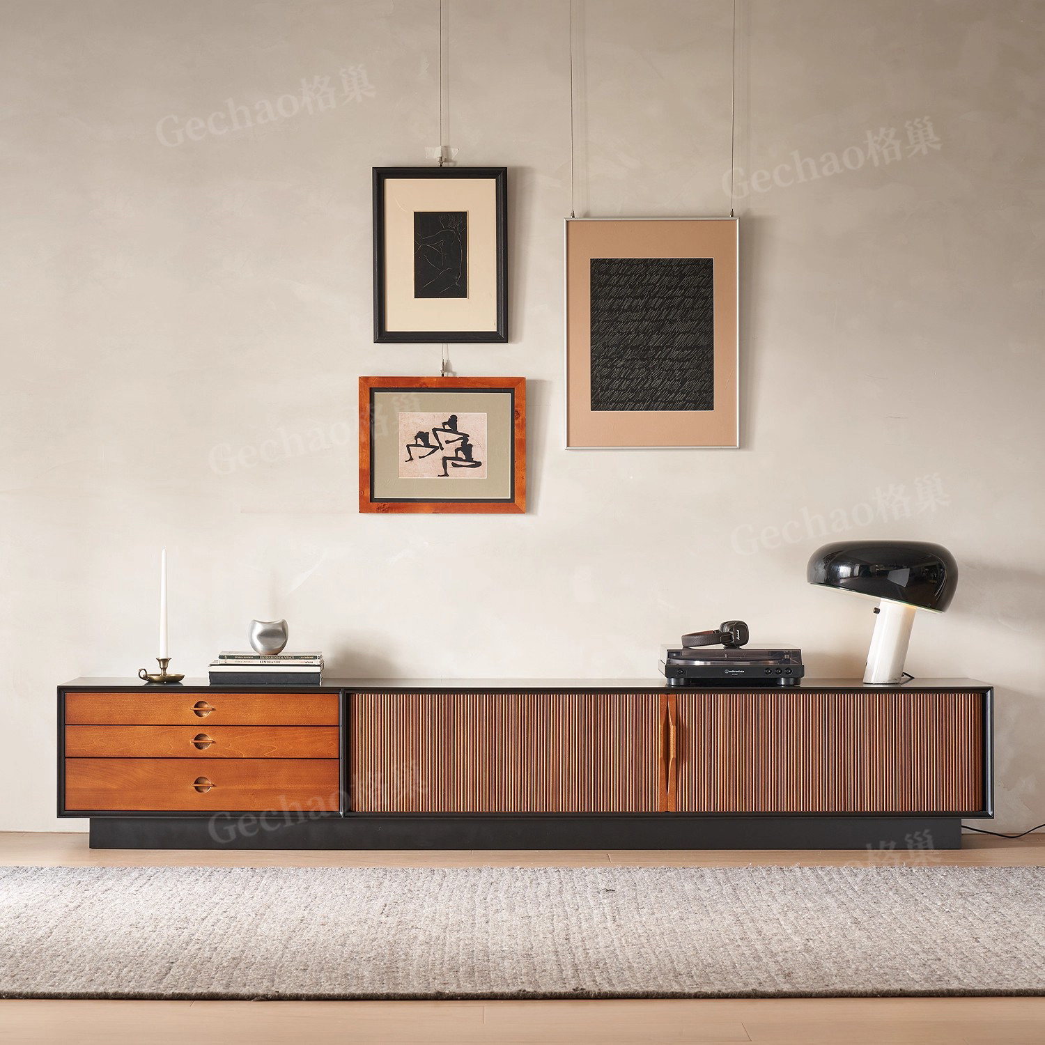 法式中古风黑色落地电视柜复古实木小户型储物柜斗柜高级感视听柜