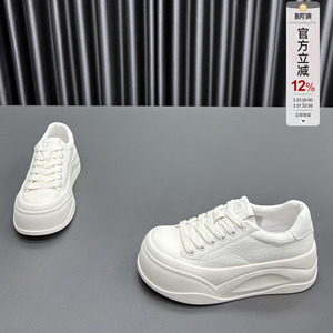 真皮小白鞋女2026春季新款圆头松糕厚底系带防滑牛皮休闲运动板鞋