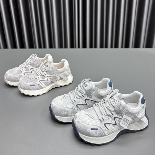 真皮网面阿甘鞋女2026春夏新款圆头松糕厚底透气舒适休闲运动鞋潮