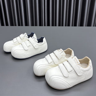 真皮小白鞋女2026春季新款圆头厚底内增高魔术贴牛皮休闲运动板鞋