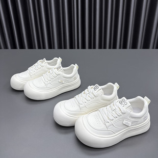 真皮小白鞋女2026春季新款系带圆头松糕厚底透气防滑运动休闲板鞋