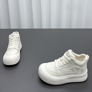 真皮加绒大棉高帮鞋女2025冬季新款圆头厚底加厚保暖休闲运动板鞋