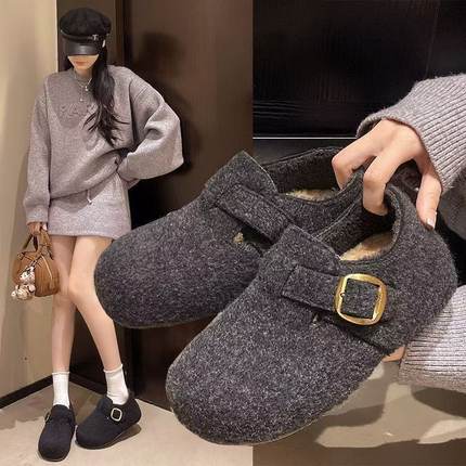 冬季加绒内增高勃肯鞋弓足厚底2025新款丑萌憨憨全包毛毛博肯鞋女