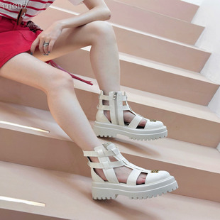 设计师联名款 8cm夏季 透气凉鞋 罗马凉靴女镂空增高超软真皮猪笼鞋