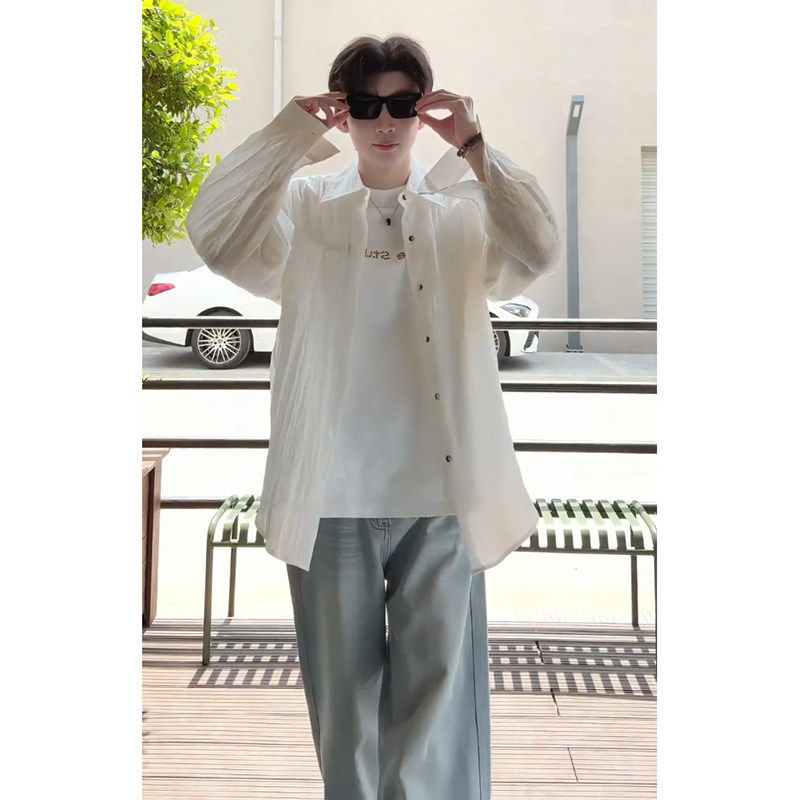 白色冰丝衬衫男款夏季长袖高级感薄款防晒外套美式街头凉感衬衣