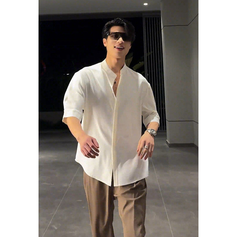新中式白色男士短袖衬衫夏季轻熟风修身冰丝衬衣高级感防晒七分袖