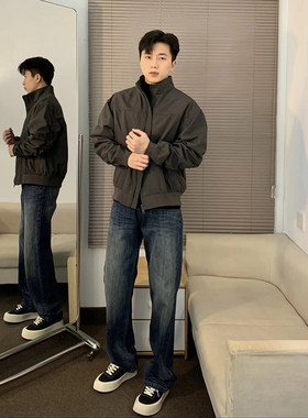 灰色立领正肩外套男款cleanfit教练夹克美式复古短款飞行棒球服