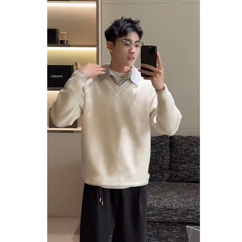 假两件拼接v领毛衣男款冬季韩系翻领Polo衫cleanfit打底衫针织衫