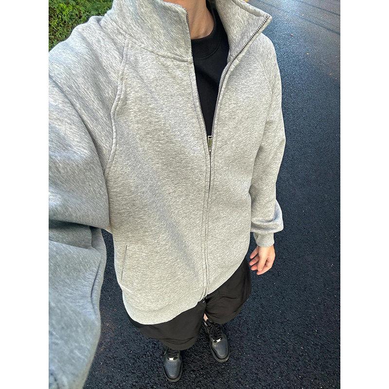 灰色重磅开衫卫衣男春秋季潮牌立领棒球服cleanfit高级感男生外套