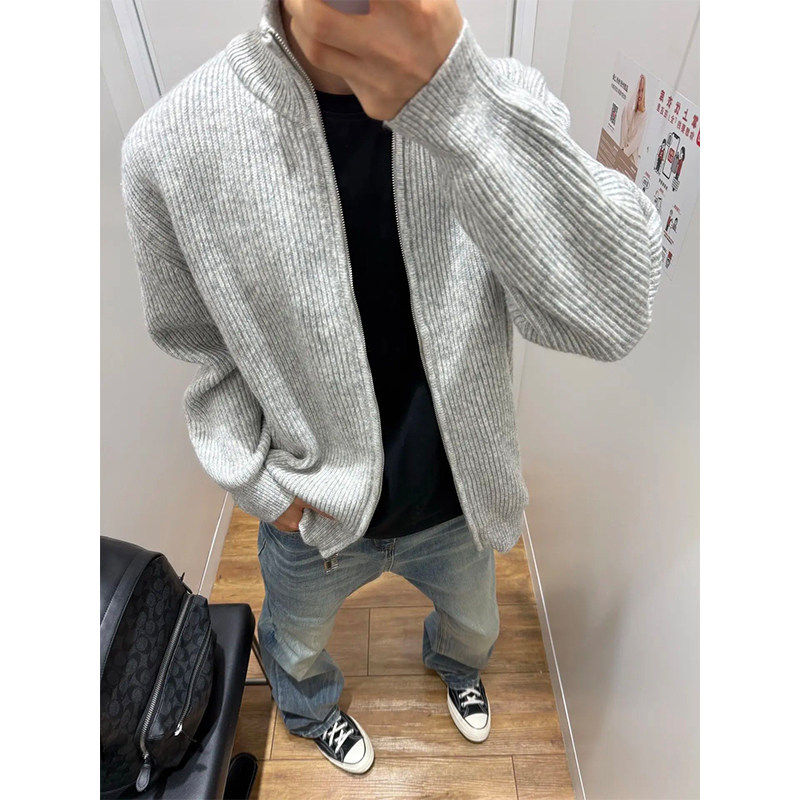 灰色拉链针织开衫外套男款秋冬慵懒风立领夹克美式复古拉链毛衣
