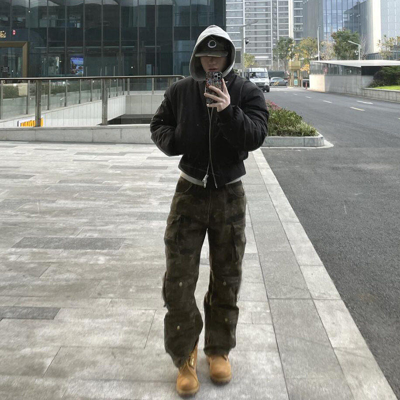迷彩工装裤男秋冬款美式多口袋搭配马丁靴裤子直筒迷彩裤