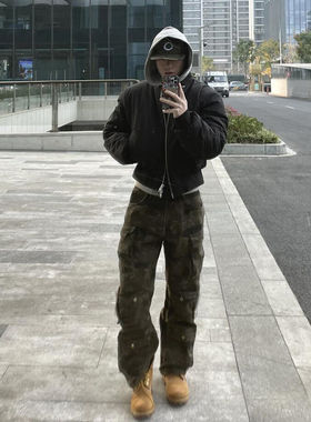 迷彩工装裤男秋冬款美式多口袋搭配马丁靴裤子直筒迷彩裤