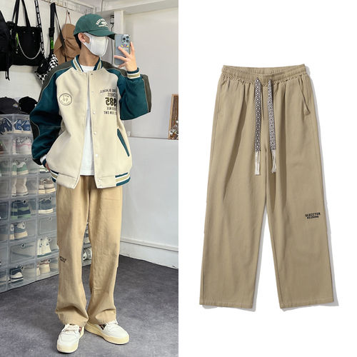 Blog日系复古简约直筒工装裤男潮牌大抽绳宽松阔腿长裤K187